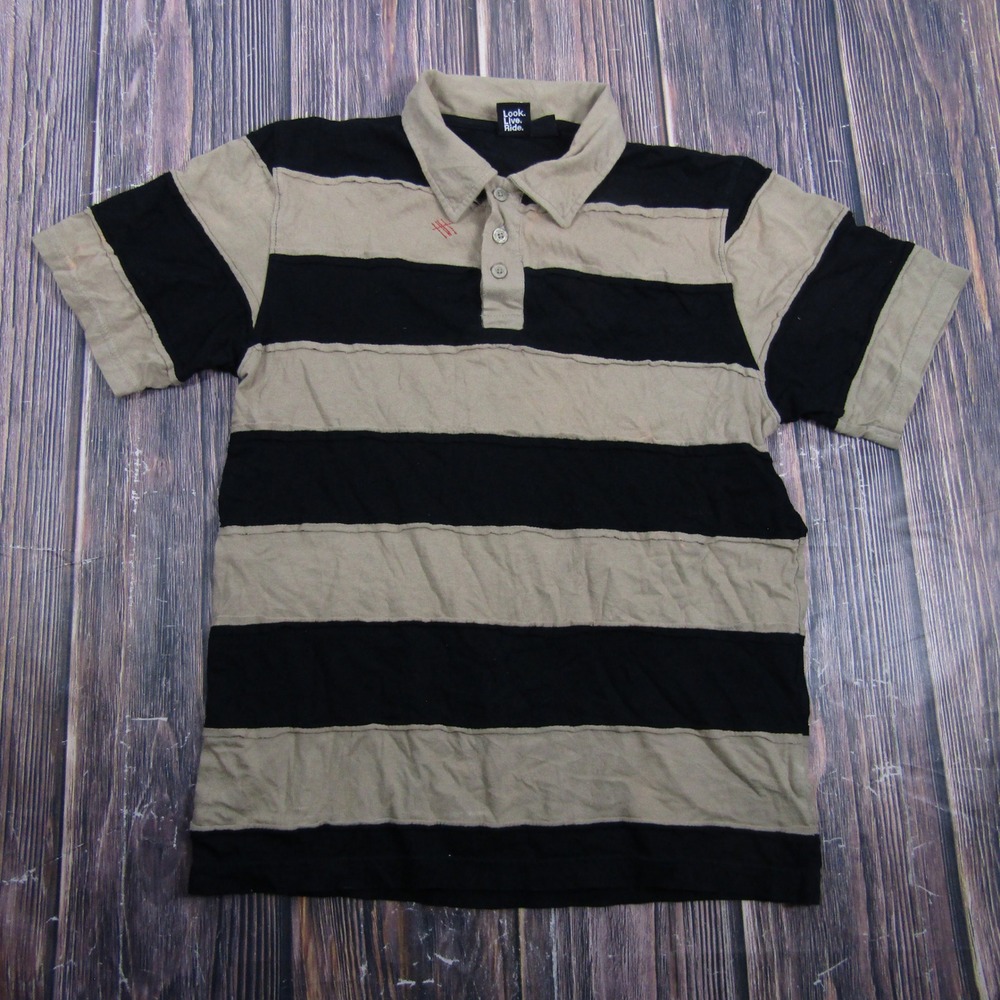 Game Polo Shirt Mens Large Black Tan Striped Short Sleeve Cotton Casual II68-4